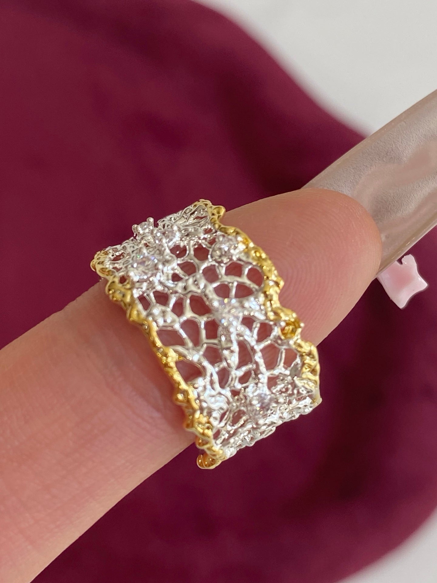 Lace Filigree Two-Tone Ring – 18K Gold Plated & Crystal