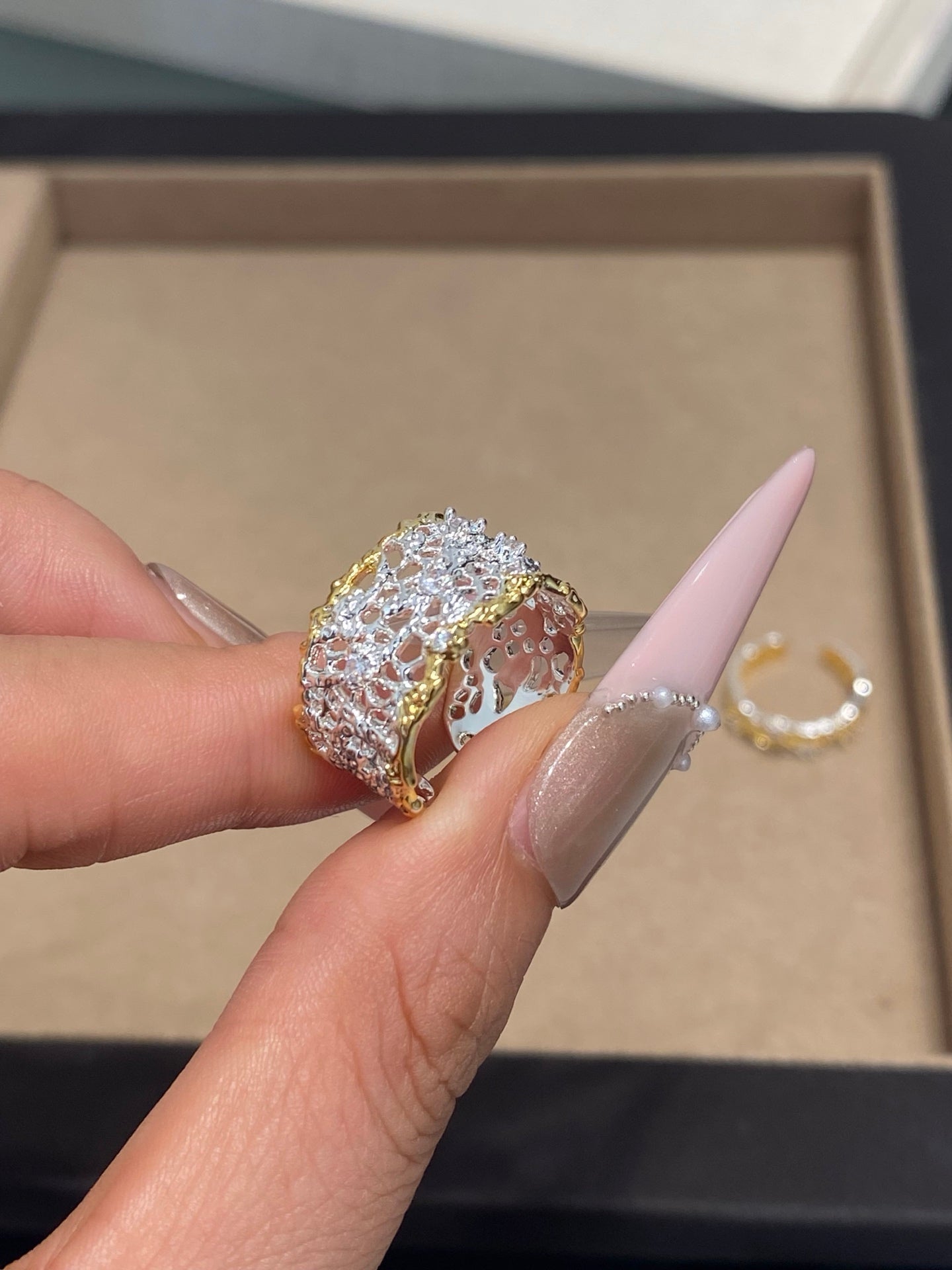 Lace Filigree Two-Tone Ring – 18K Gold Plated & Crystal