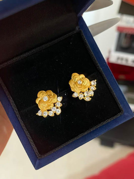 Rose Bloom Gold Stud Earrings – 925 Silver, 18K Gold Plated & Zirconia