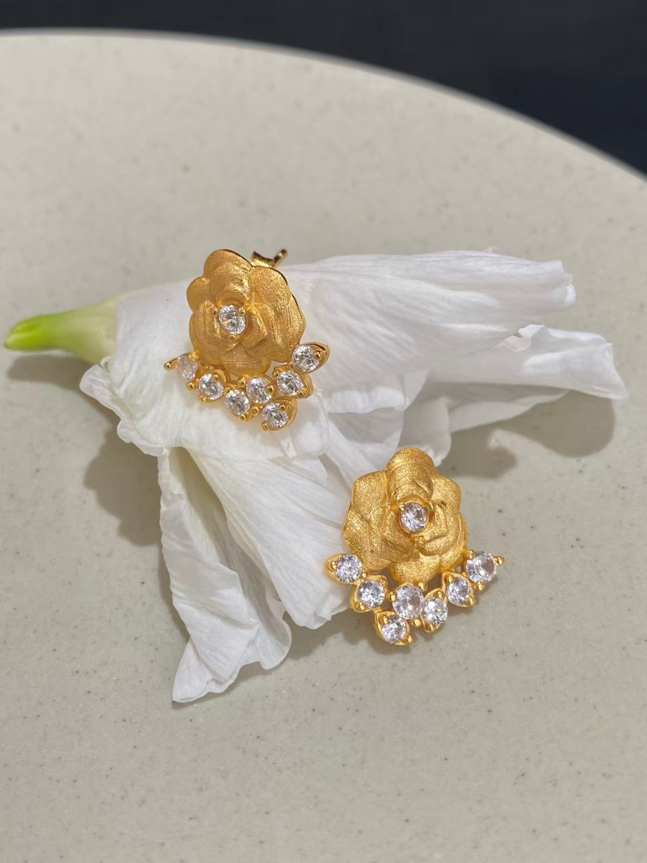 Rose Bloom Gold Stud Earrings – 925 Silver, 18K Gold Plated & Zirconia