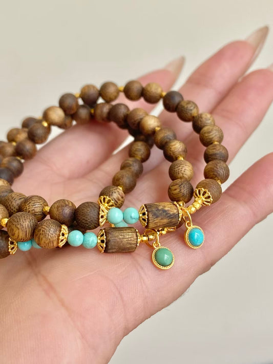 Agarwood & Turquoise Bracelet – 18K Gold Plated & 925 Silver