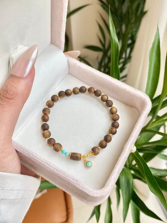 Agarwood & Turquoise Bracelet – 18K Gold Plated & 925 Silver